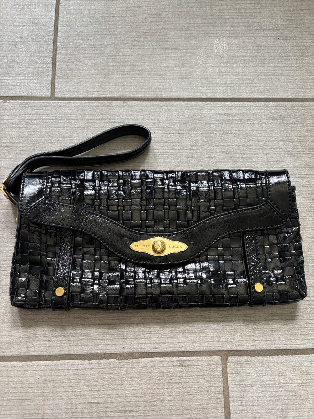 Elliott Lucca Classy Black and Gold Weaved Leather Wristlet Clutch